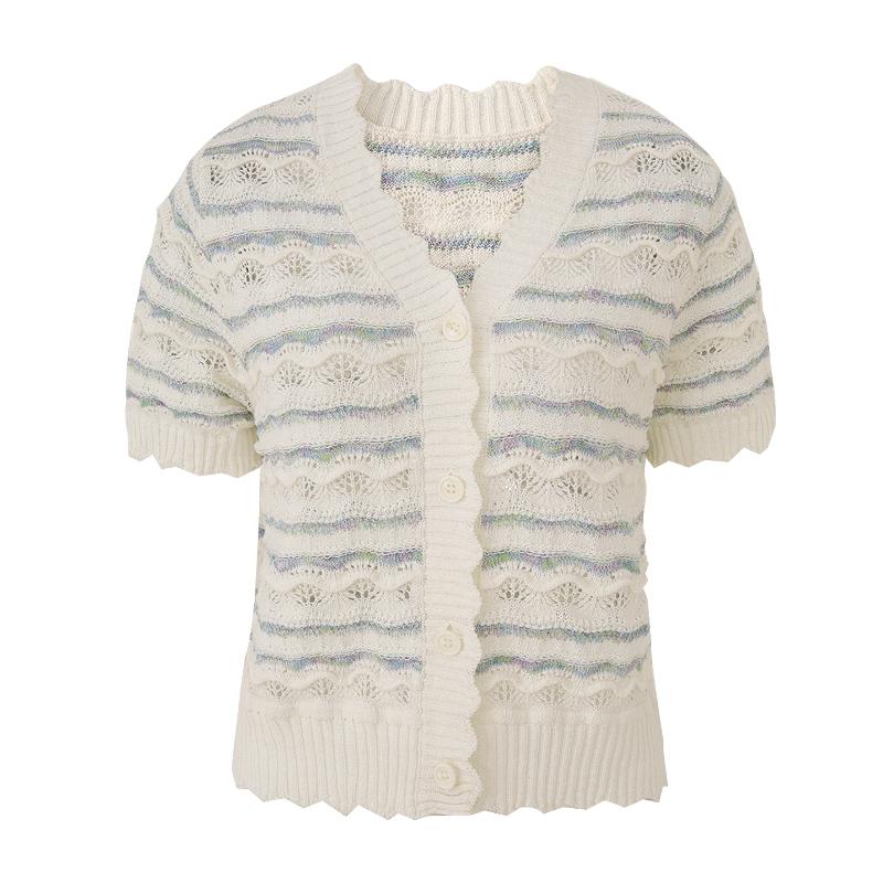 Texture hollow lace short-sleeved knitted shirt with breathable stripes for slimming, women's T-shirt