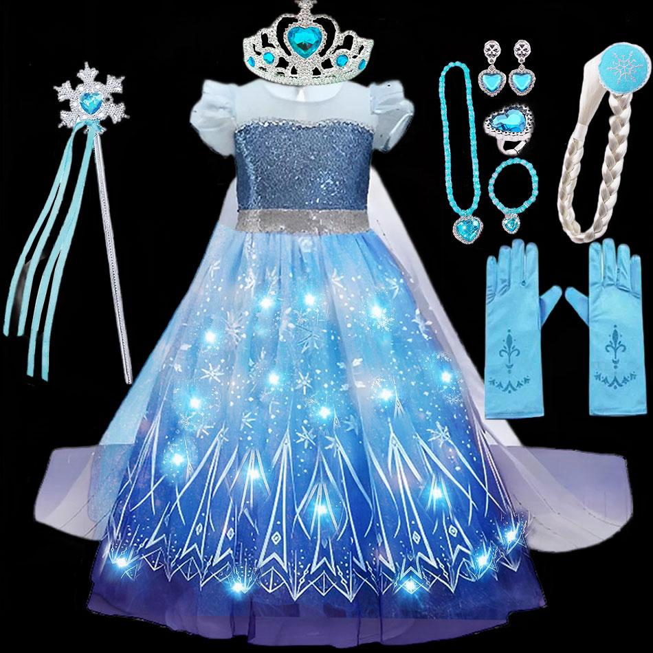 Halloween Elsa Costume Light up Fancy Girl Birthday Party Clothing Frozen Cosplay Snow Queen Dress with LED Kid Halloween Frock