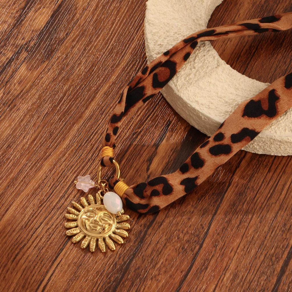 Retro Leopard Silk Scarf with Sun Face Pendant Clavicle Chain for Women