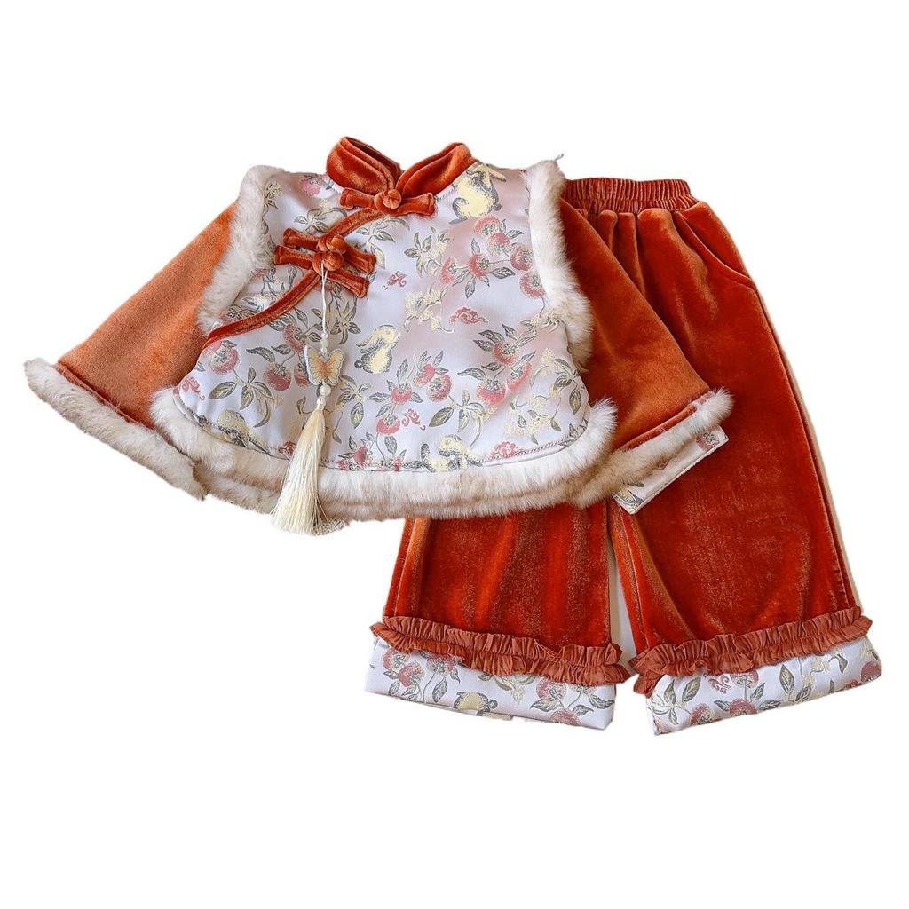 Girls’ Winter Chinese-Style Thickened Frog Button Outfit - Long Pants Two-Piece Set AWB122