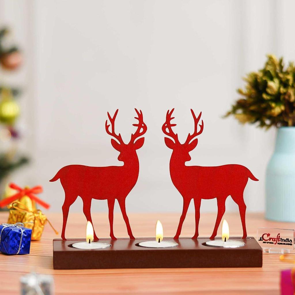 Reindeer Showpiece Decorative Tea Light Candle Holders (Wooden, Red) | Christmas Decoration Items for Home Office | Christmas Ornaments Props