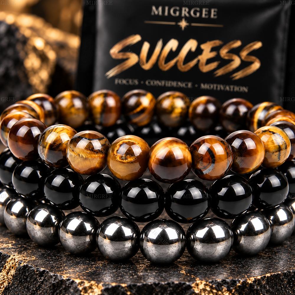 MIRGREE 3PCS/Set Natural Stone Beaded Bracelet Set for Men, Tiger Eye & Black Stretch Bracelets, Success, Focus & Confidence Inspired Jewelry Gift