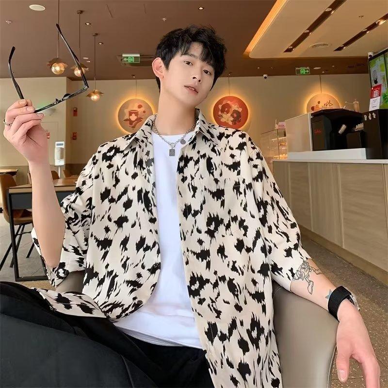 

Мужская уличная мода, дизайн в горошек, с кубинским воротником, гавайская рубашка, корейский стиль, пляжные рубашки с короткими рукавами и цветочным принтом, топы для отдыха на море, мужская одежда