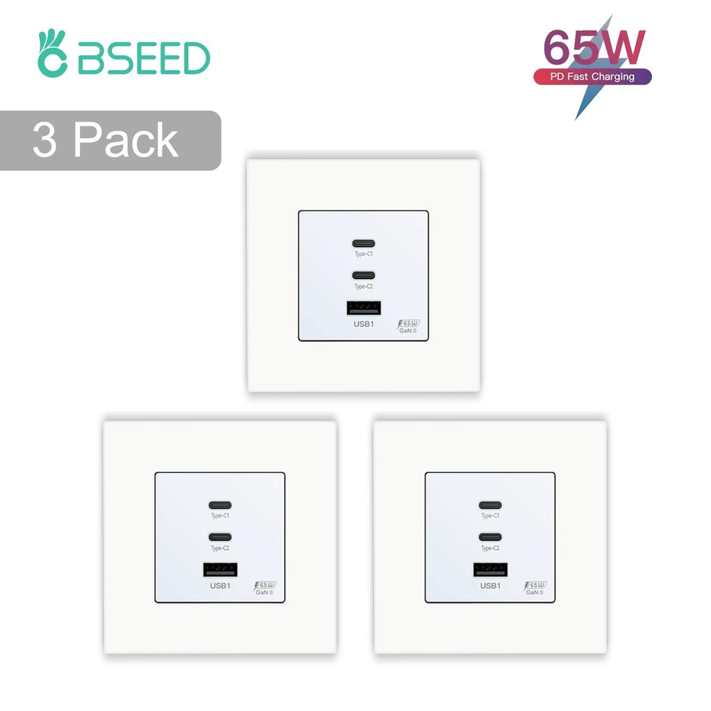 BSEED EU Wall Power Socket With Dual Type-c USB 65W Fast Ports For Phone Laptop Charging Matte Plastic Frame 1/2/3/4Pack