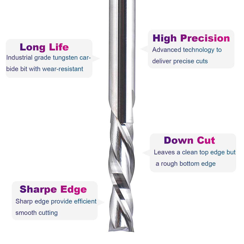 SpeTool Spiral Router Bits with Downcut 1/4 Inch Cutting Diameter, 1 Inch Cutting Length 3 Inch Extra Long HRC55 Solid Carbide CNC End Mill for Wood