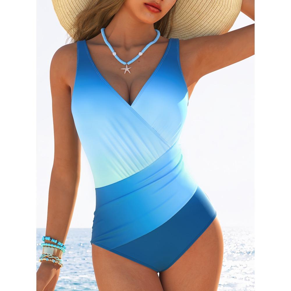 Wygodny 1-częściowy modny damski strój kąpielowy, poliestrowa tkanina o wysokiej elastyczności, szybkoschnący, wzór Color Block, dzianinowy splot