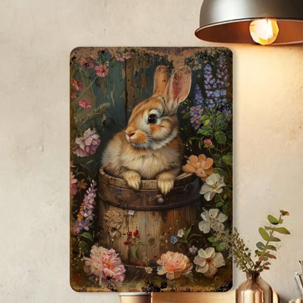 Vintage Metal Tin Sign Rabbit Flower Basket Wall Decor 8x12 Inch Home Bar Cafe