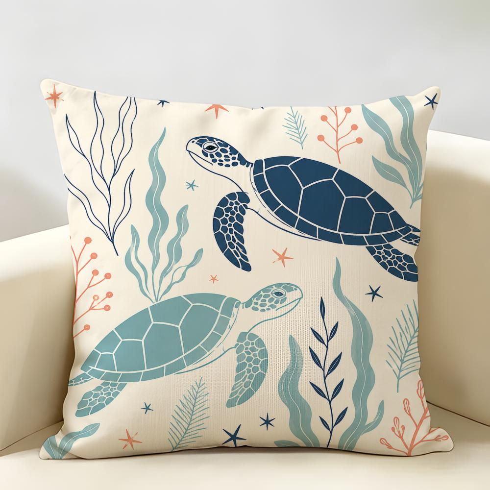 Sea Turtles Coastal Pattern Cushion Cover Durable Hypoallergenic Organic Linen Short Pillow Cover Washable