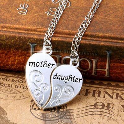 2 Pcs/Set  Mom Mother & Daughter Love Heart Pendant Charm Chain Necklace MIT