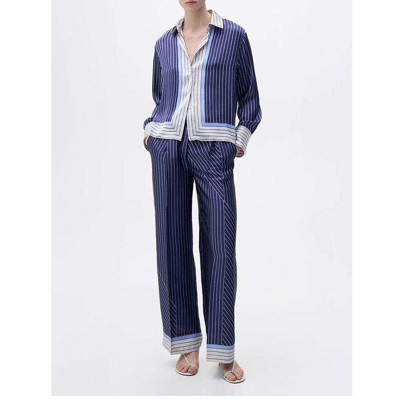 Stripes Print Satin Textured Straight-leg Shirt 87067193 Stripes Contrast Color Casual Pants 87087193