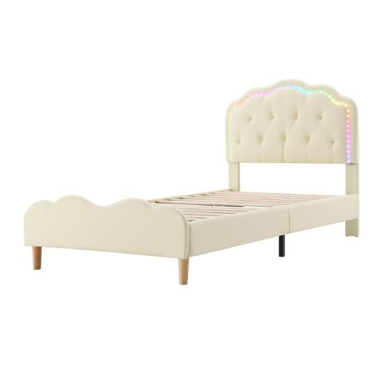 Bedroom Bed Upholstered Running Light Effect Higher Feet Without Mattress Wavy Headboard Apartment Furniture Changing LED Strip Sleep Faux Leather