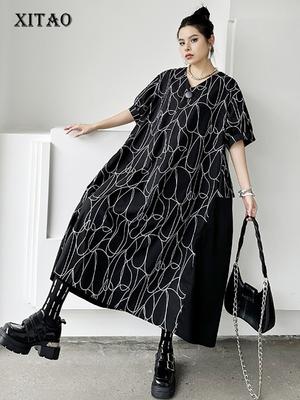 Abito alla moda con stampa geometrica e patchwork, pullover, ampio, ZY8751