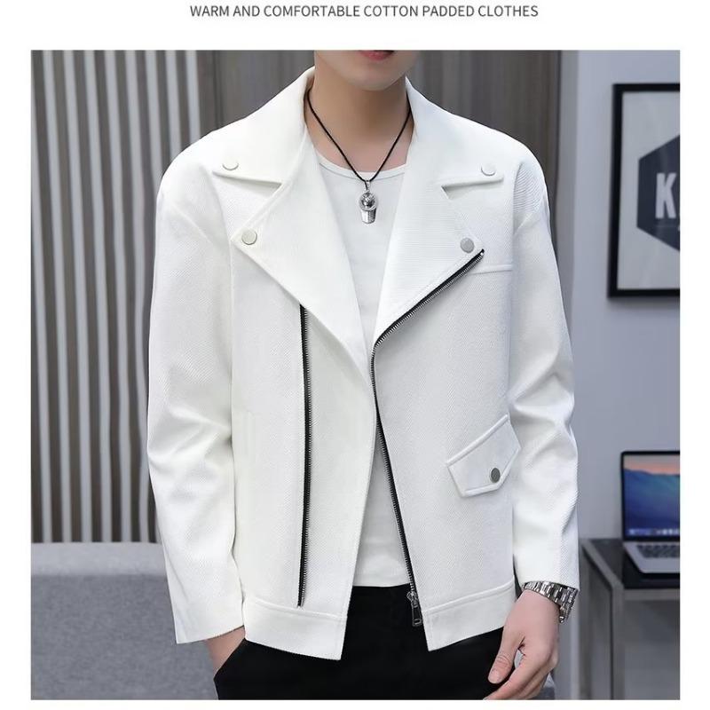 Men S Short Loose Long Sleeve Turn Down Collar Zipper White Casual Jacket