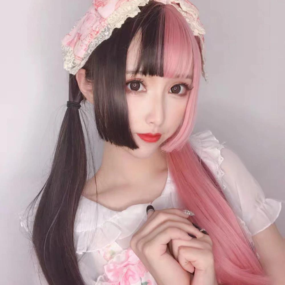 Long Straight Cosplay Synthetic Wig Women Costume Party Black pink Ombre Heat Resistant Synthetic Hair WigsPrincess cuts bangs