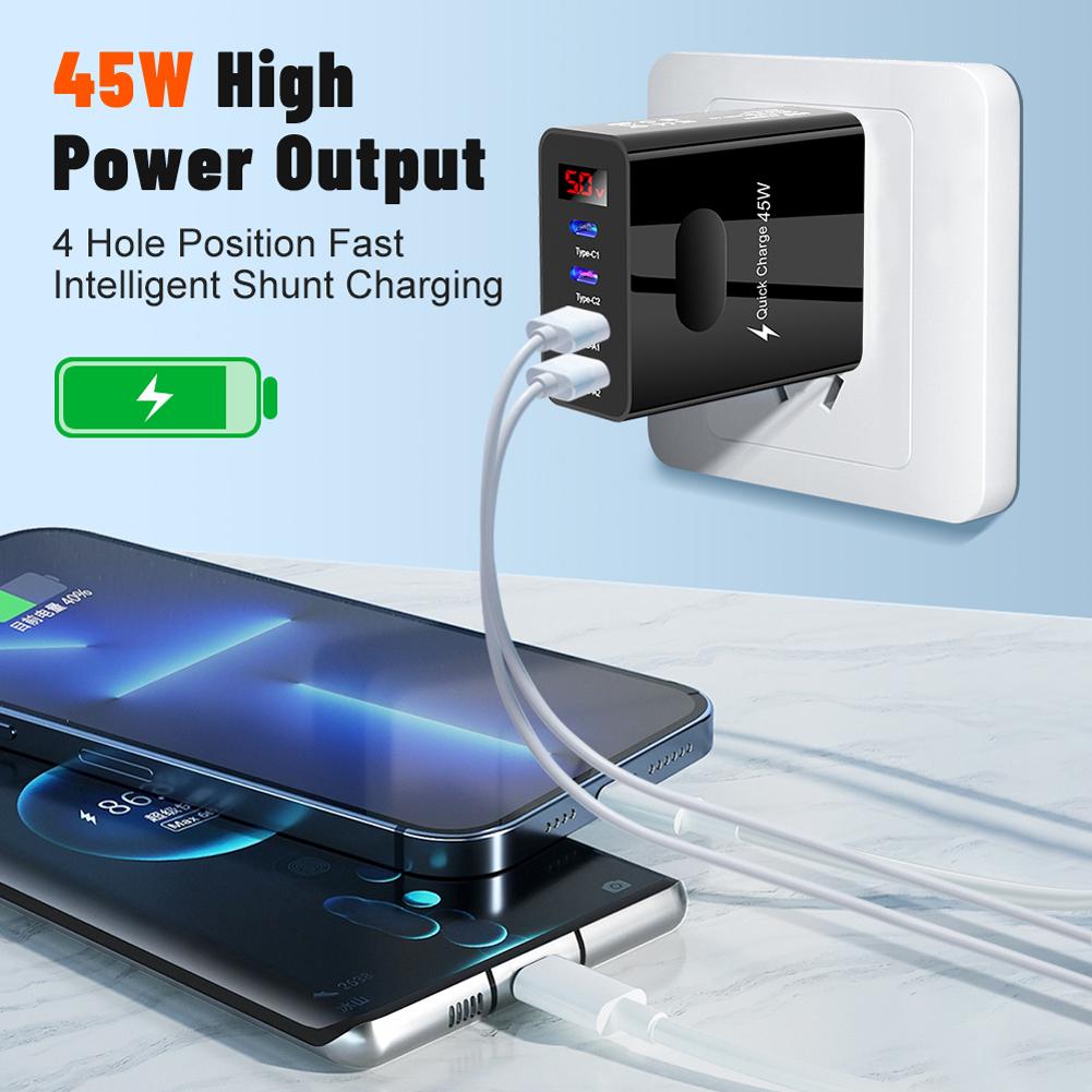 45W USB Charger Fast Charging USB Type C 4 Ports Quick Charger 3.0 Wall Charger For iPhone Samsung Mobile Phone Charger Adapter