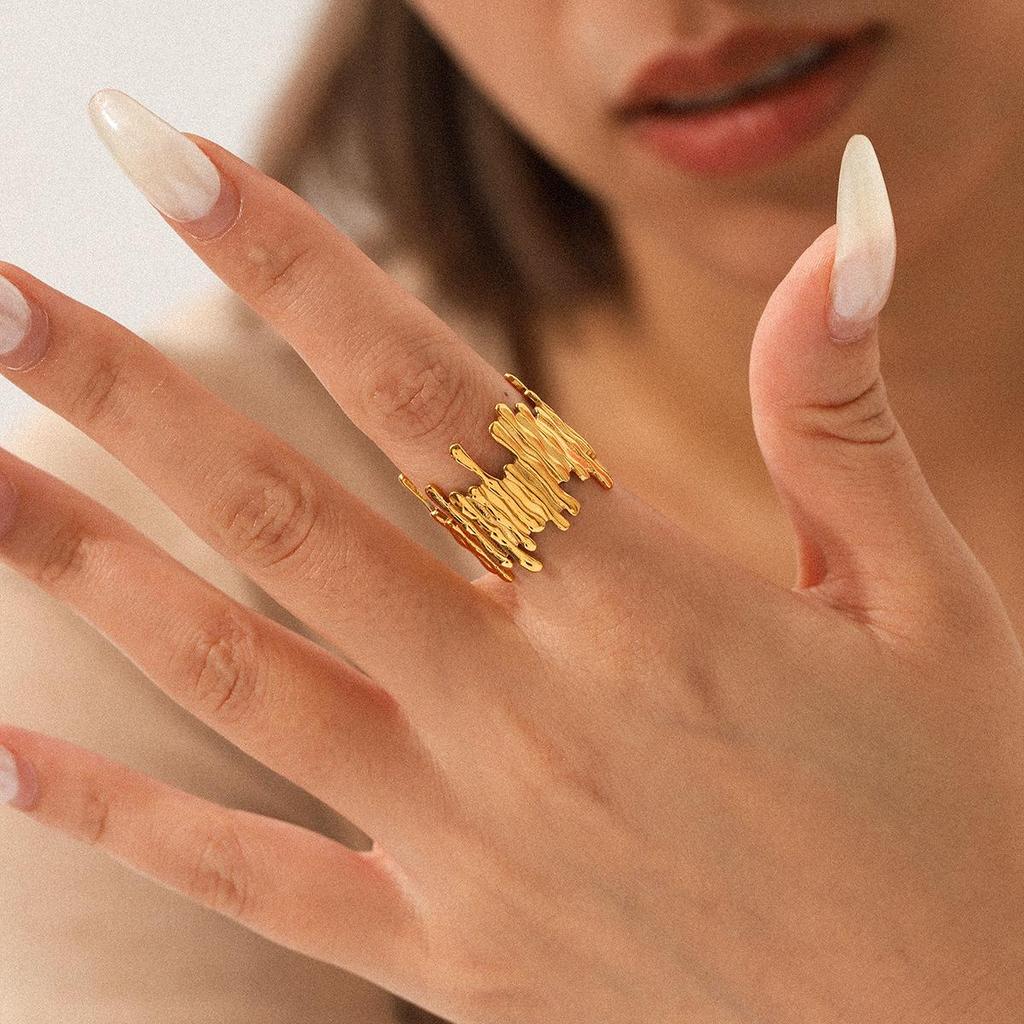 18K Gold Stainless Steel Open Ring for Women, Non-Fading Irregular Titanium Steel Design, High-End Ins Style Jewelry.