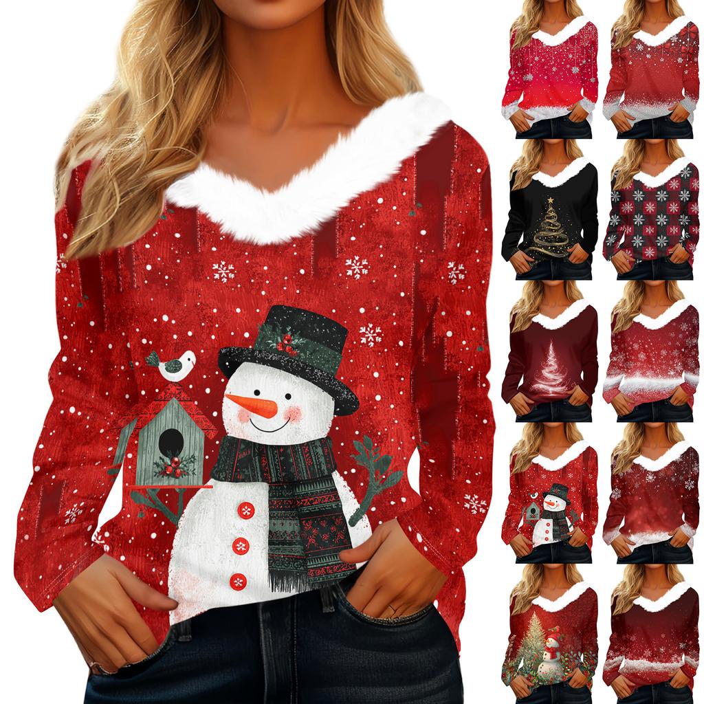 Long Sleeve Shirts For Women Cute Tops Christmas Prints Tees Blouses Casual Plus Size Basic Tops Pullover