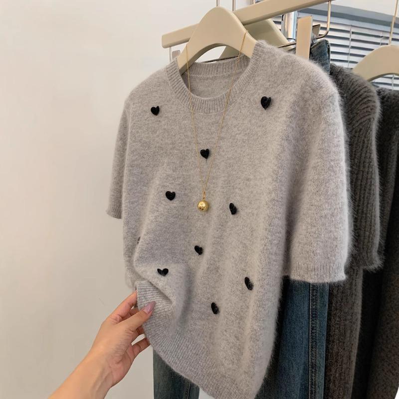 Grey Sweater Short-sleeved Unique Temperament Knitted Sweater Top Women's Small Short Front Shoulder T-shirt Love