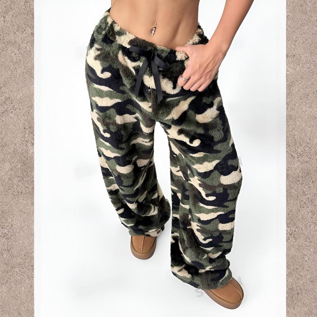 Women's Loose Elastic Drawstring Plush Checked Long Pants