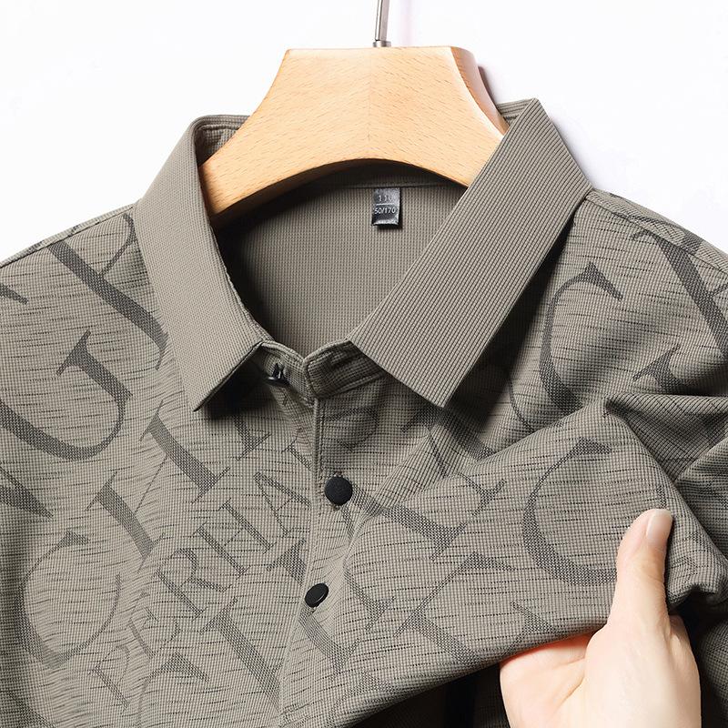 Business Casual Short-Sleeved Men'S Lapel Breathable Polo Shirt Loose Half-Sleeved High-Elastic Printed T-Shirt