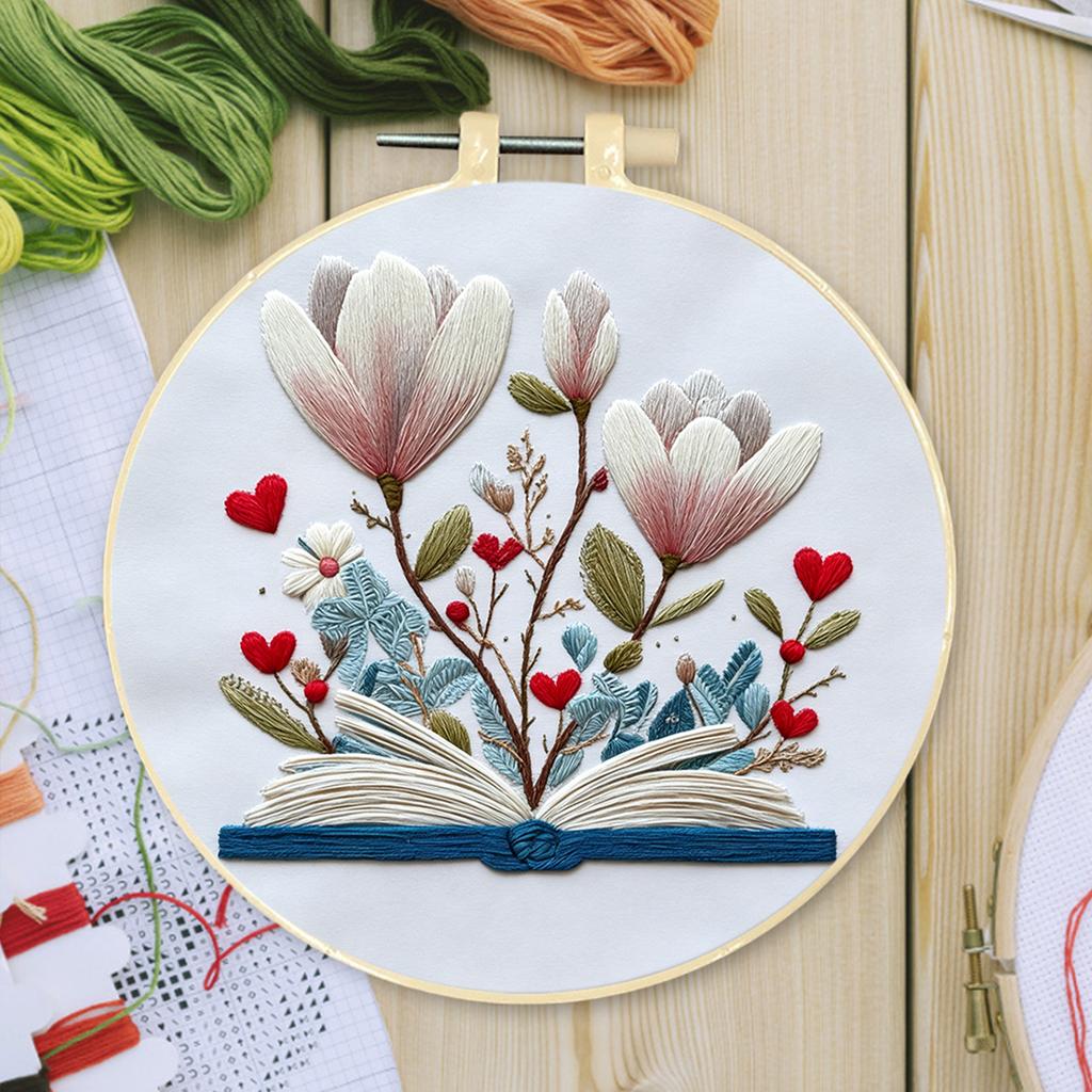 DIY Stickerei-Set 30x30cm Baumwollstoff Blumenmuster Buch Blumen Design Handarbeits-Bastelset mit 20cm Stickrahmen
