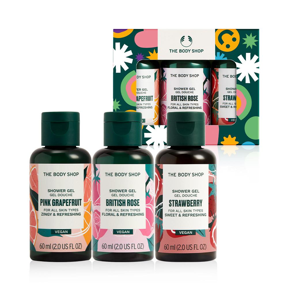 [The Body Shop] Трио Мини Гелей для Душа Грейпфрут, Роза и Клубника 3-предметный Подарочный Набор (Сумка для покупок)