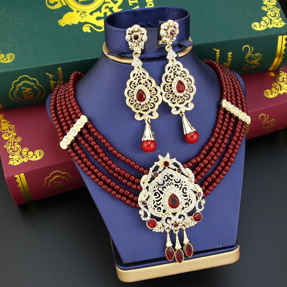 

Золотого цвета бусины-цепочка-колье ожерелье с кристаллами комплект ювелирных изделий для невесты серьги-капли женские свадебные украшения красный