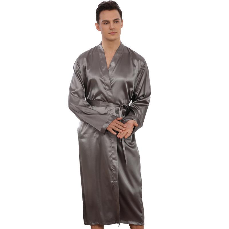 Men's Summer Lightweight European-Size Silk-Feel Mid-Length Cardigan Bathrobe Pajamas