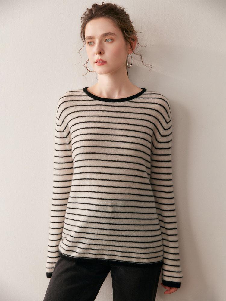 Cashmere Blend Women's Round Neck Color Block Stripe Knitwear: Loose, Elegant, Casual Autumn/Winter Pullover.
