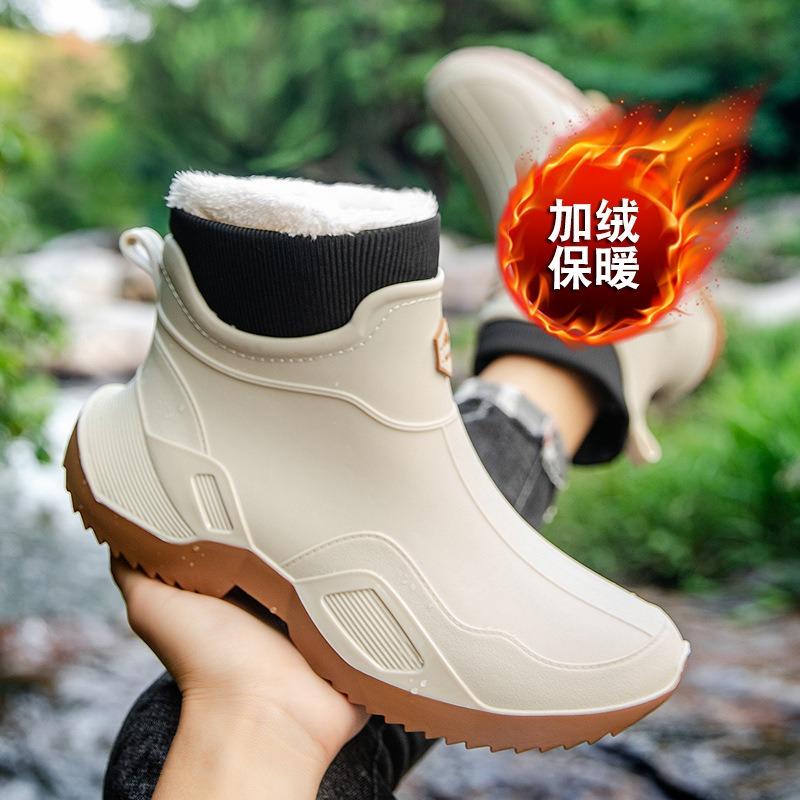 New rain shoes short tube men's adult waterproof shoes women's rain boots non-slip wear-resistant velvet warm fashion water boots