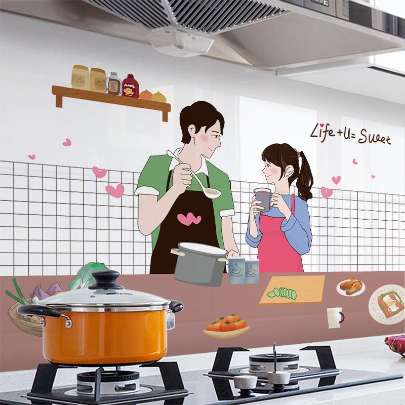 Autocolant nou de uz casnic pentru bucătărie, rezistent la ulei, impermeabil și rezistent la temperaturi înalte, autocolant de perete pentru aragaz, desene animate, folie de aluminiu, autocolant autoadeziv pentru faianță