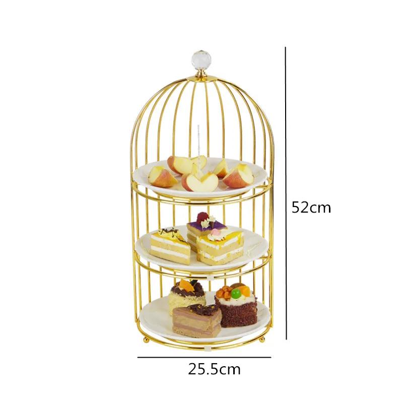 Birdcage Double Layer Cake Stand Wrought Iron Display Stand Ceramics Three-tier Fruit Tray Afternoon Tea Dessert Decorative Rack
