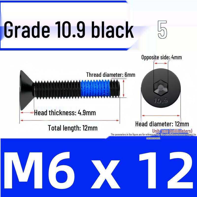 Black Anti-Slip Flat Cup Screw with Adhesive Blue Glue, Countersunk Hexagon Socket, Available in M2-M8 Sizes