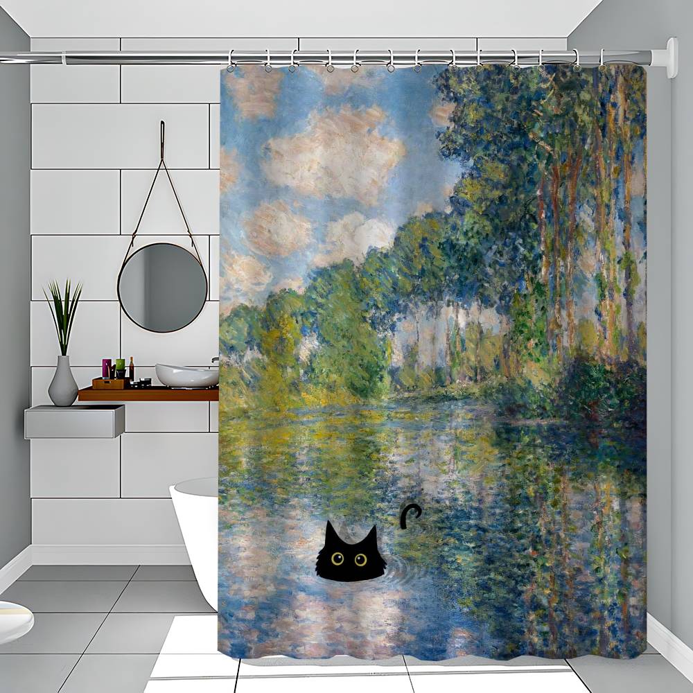 Claude Monet Artworks Interesting Cute Black Cat Simple Shower Curtain Bathroom Shower Curtain Easy To Clean Scrub Polyester