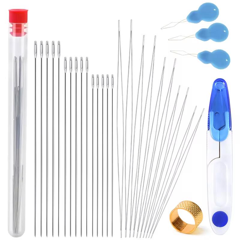 Fenrry 1Set Central Opening Curved Beading Needles Stainless Steel Tools Pins for Bead Threading String Cord Easy Jewelry Making