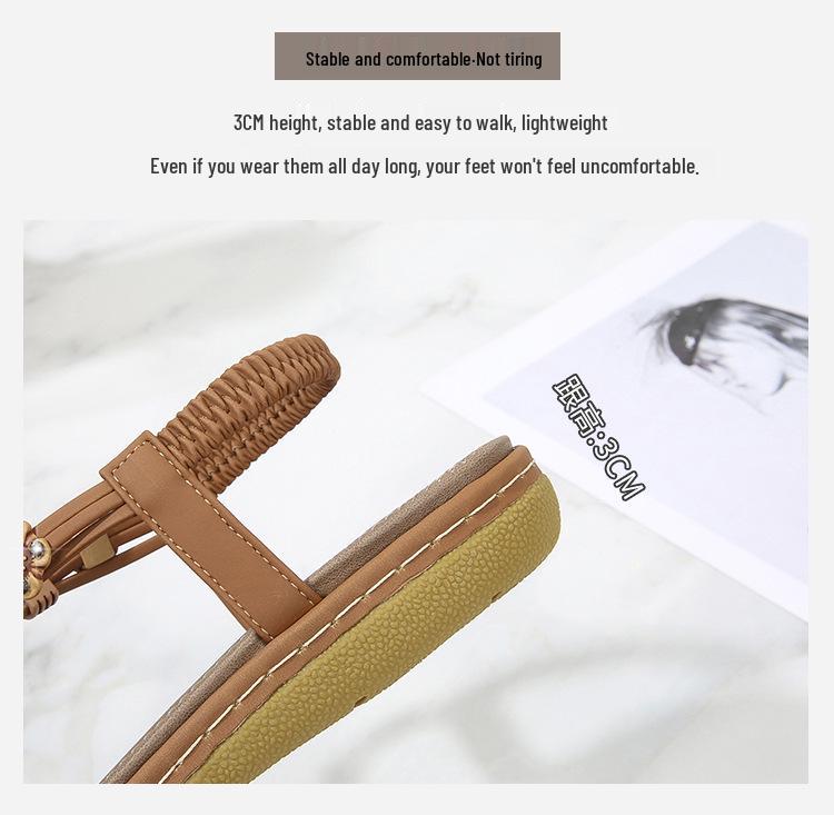 Bohemian Wood Bead Woven Plus Size Flat Women's Sandals for Summer 2025