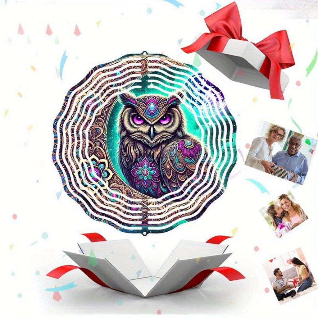 3D Metal Owl Wind Chime Outdoor Hanging Decor with Iridescent Purple Blue Golden Patterns Perfect for Christmas Thanksgiving Holiday
