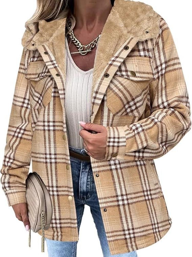 Women's Checkered Plaid Fleece-Lined Jacket, Cozy Outerwear with Soft Collar
