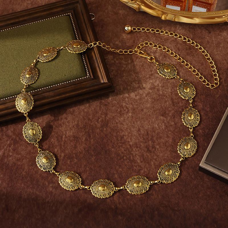 Retro Style Metal Waist Belt With Floral Rose And Camellia Decor For Ladies Office Wear