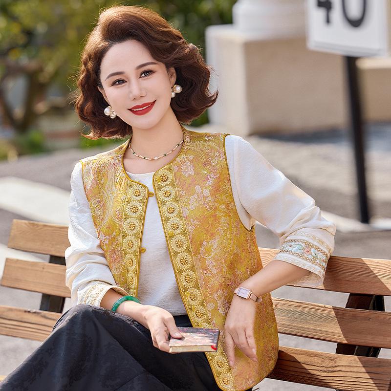 

Women s Chinese Style Jacquard Vest: Elegant Frog Button Shawl for Middle-Aged & Elderly - Slimming, Spring/Autumn Wear XL for 80-95 jin жовтий
