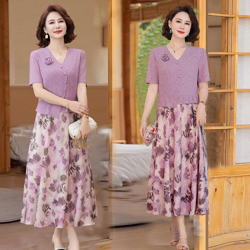 

Летнее облегающее миди-платье с коротким рукавом 2025 для женщин среднего и пожилого возраста XL (suggested 85-100 jin)