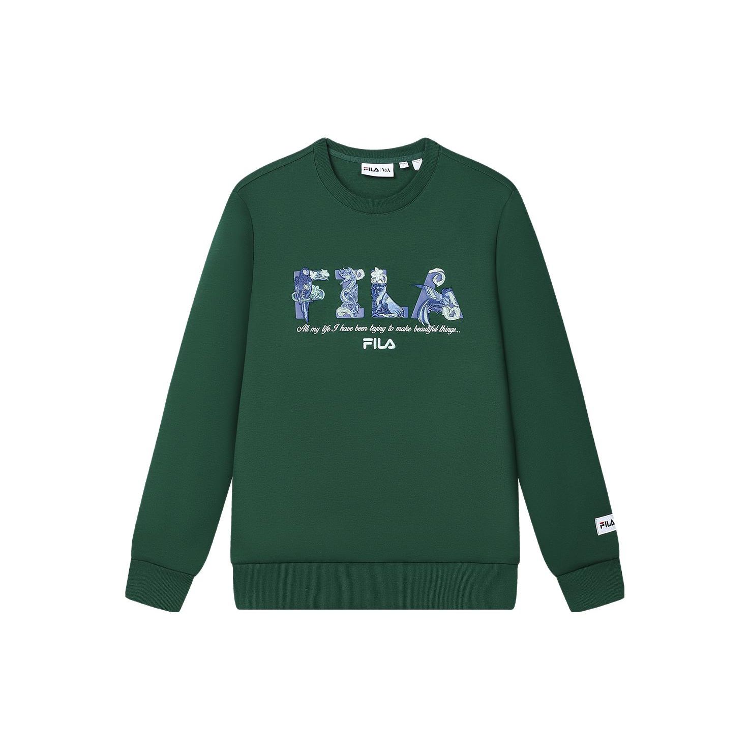 

FILA X V&A Collaboration Morgan Series Floral Bird Pattern Crewneck Pullover American Casual Knit Sweatshirt Men sweatshirt F11M418201F-DG XL