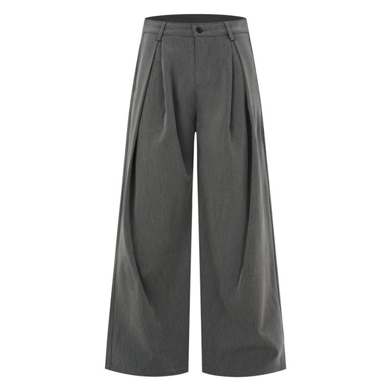 Mens Wide Leg Relaxed Fit Pleated Casual Trousers Pure Color Breathable Synthetic Blend Streetwear Style