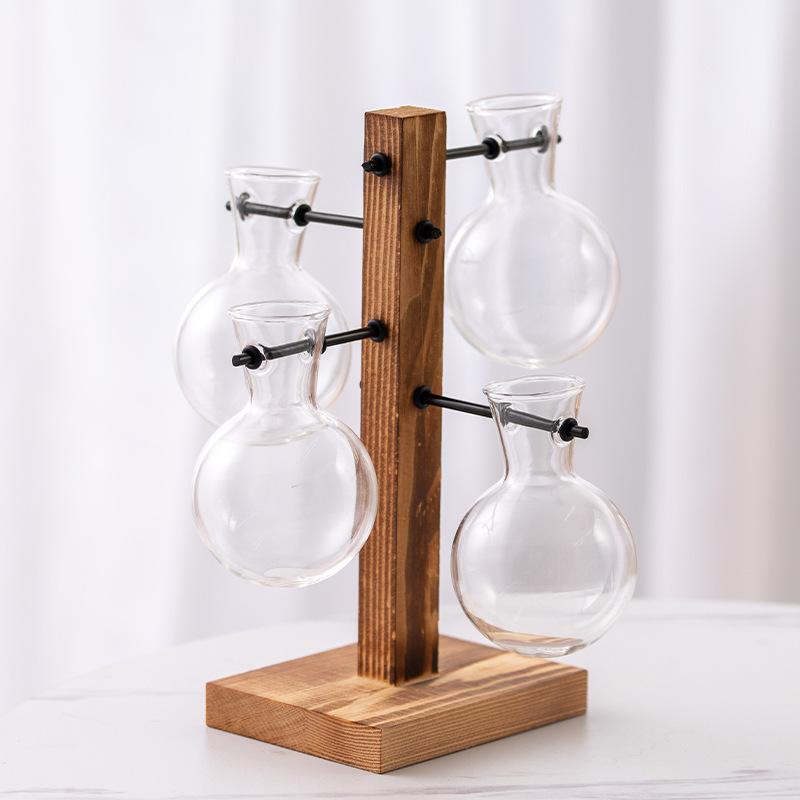 Innovative Hanging Wooden Frame Glass Hydroponic Vase Green Ivy Glass Vase Flower Container Desktop Decoration Ornament