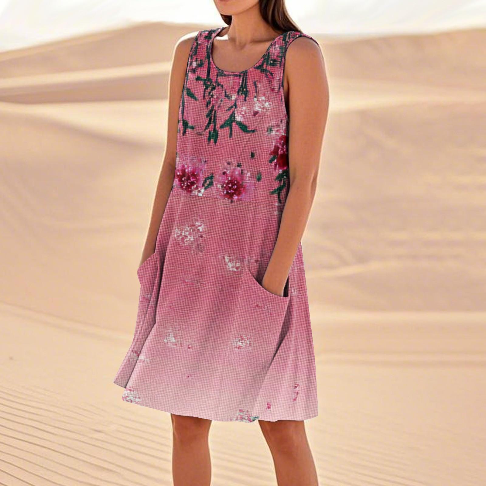 

Платья с принтом для женщин, свободные, пляжные, повседневные, без рукавов, сарафаны с карманами, платье-майка XL горячий розовый