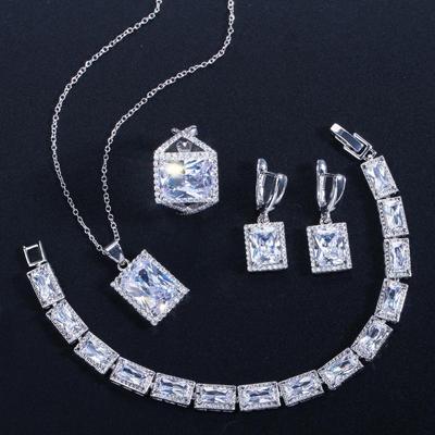WWJ Luxury 4PCS Princess Cut Cubic Zirconia Engagement Ring Necklace Earrings Bracelet Set
