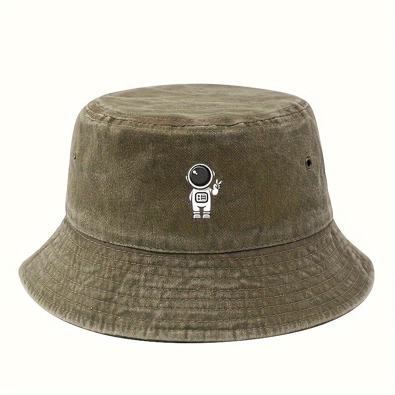 Astronaut Printed Fisherman Hat - Vintage Washed Design, Sun Protection for Outdoor Activities, Suitable for Hiking and Fishing