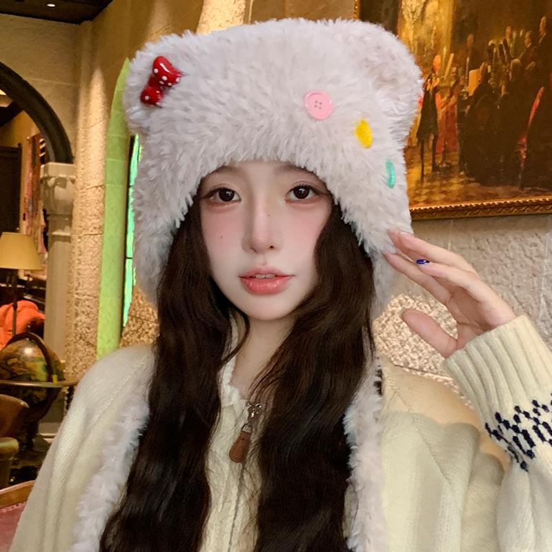 Cute Button Bear Ear Plush Knitted Hat for Women Warm and Ear Protecting Woolen Hat and Headscarf for Autumn and Winter