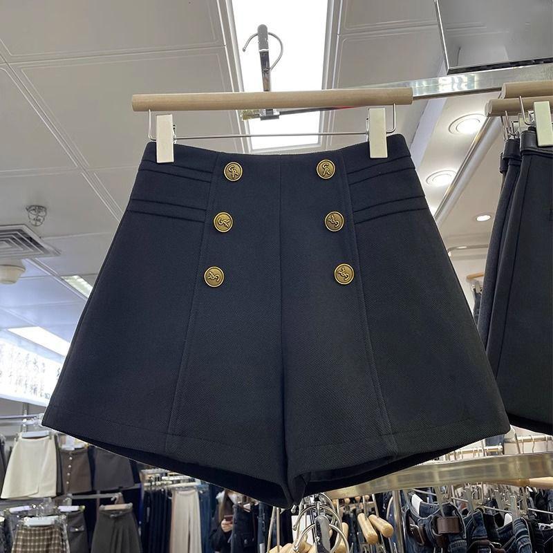 Шорты с высокой талией. Женские толстые двубортные широкие брюки. M чёрный