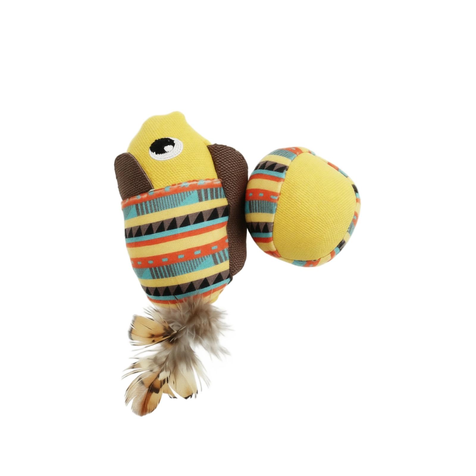 Cat Teething Toy Fish Ball Plush Interactive Pet Toy Durable Fabric with Feather Attachment for Cat Chewing and Playing One Size жёлтый